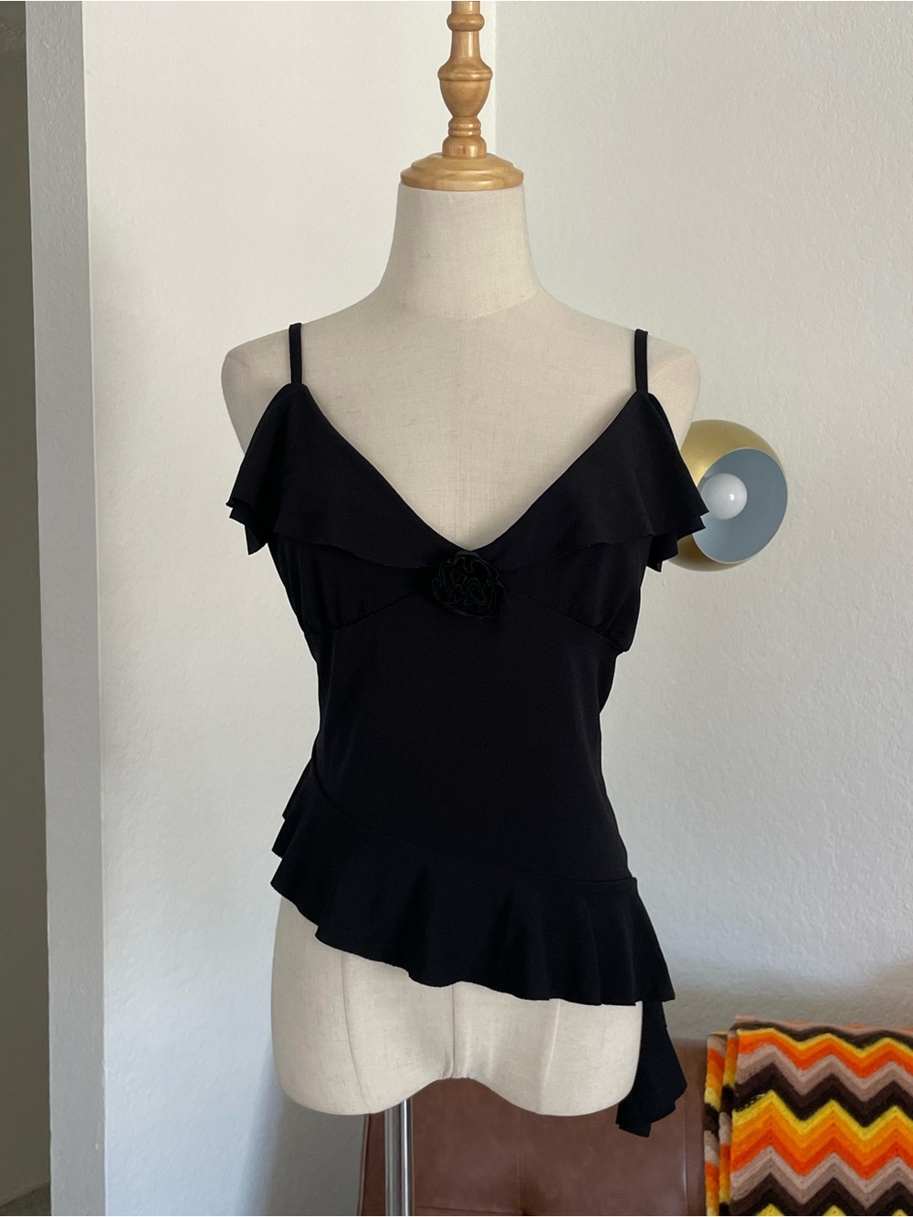 Y2K Whimsigoth Glam Coquette Rosette Ruffle Asymmetrical Top